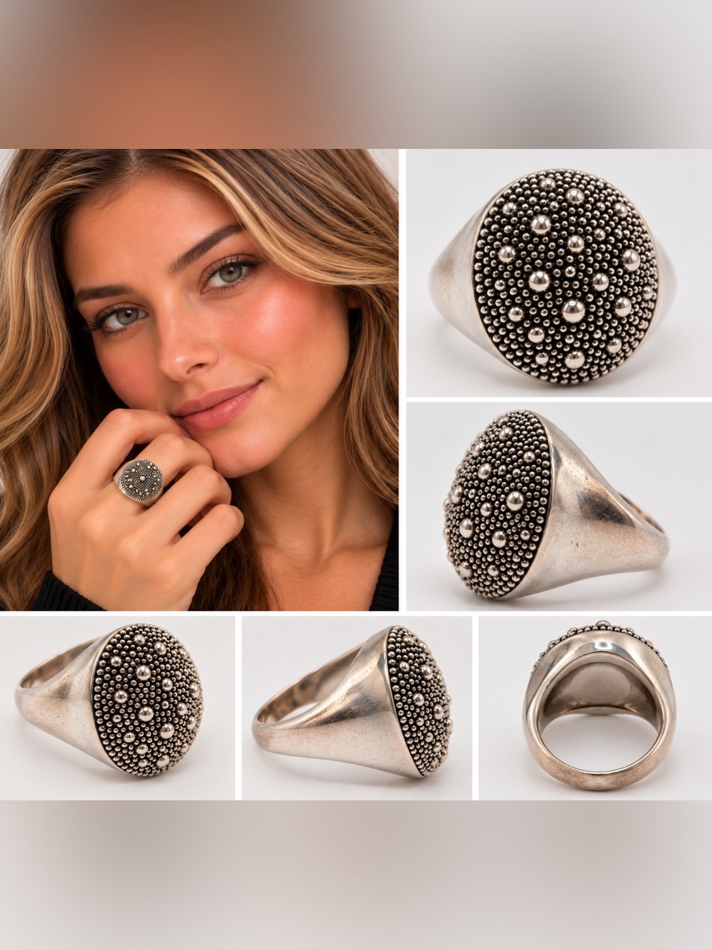 Michael Dawkins 925 Sterling Silver Granulated Dome Statement Ring Size 10